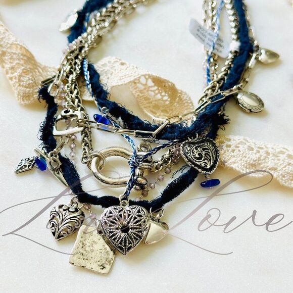 FREE PEOPLE Maggie May Layered Necklace In Silver & Blue NWT - Picture 4 of 5